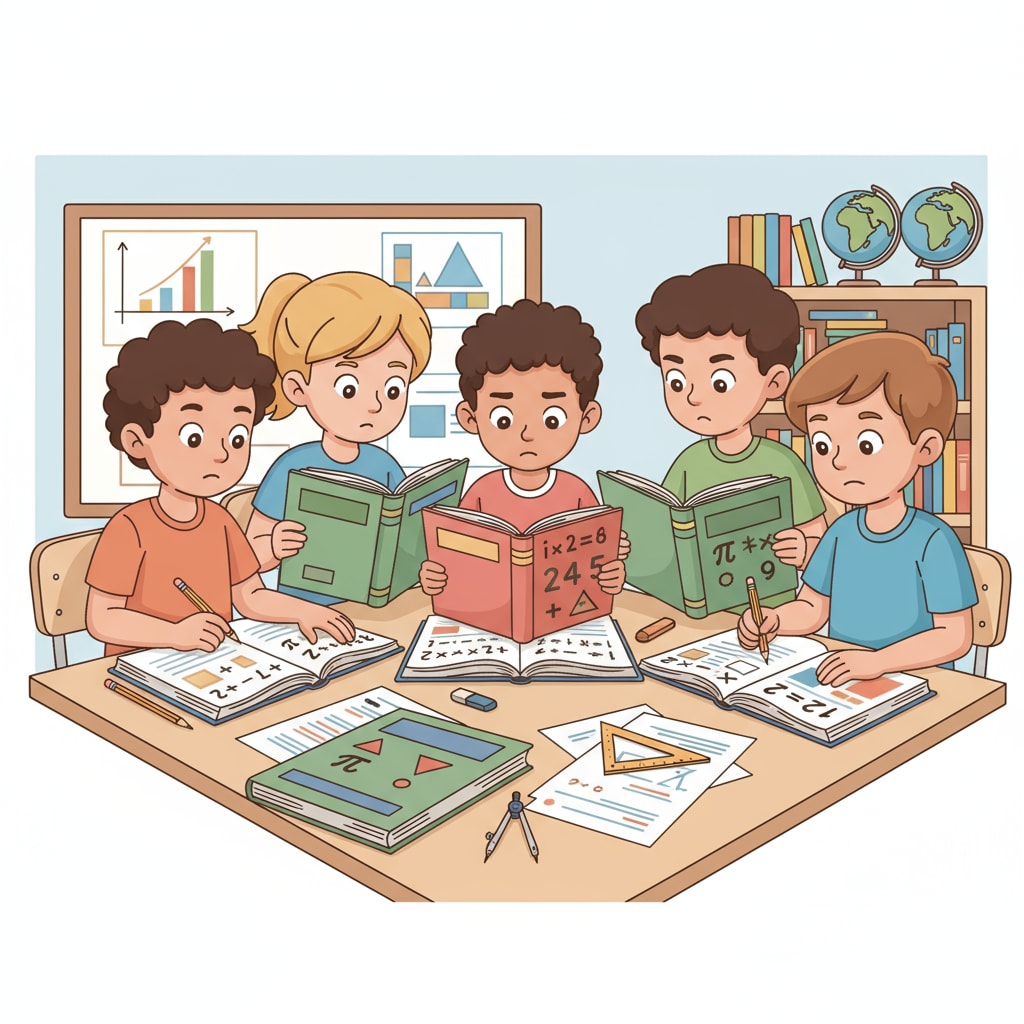 9-year-old children looking at math textbooks for educational tutoring