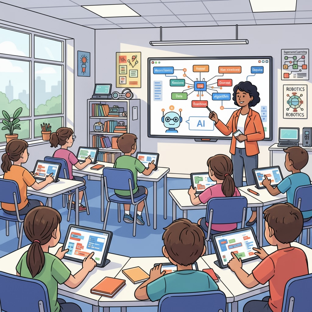 Students learning AI concepts in a K12 classroom - related to AI courses, prompt writing, and educational development