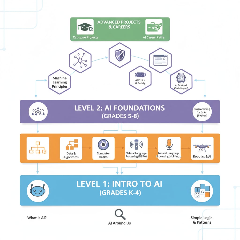 Hierarchical structure of AI course curriculum for K12 students - associated with AI courses, prompt writing, and educational development
