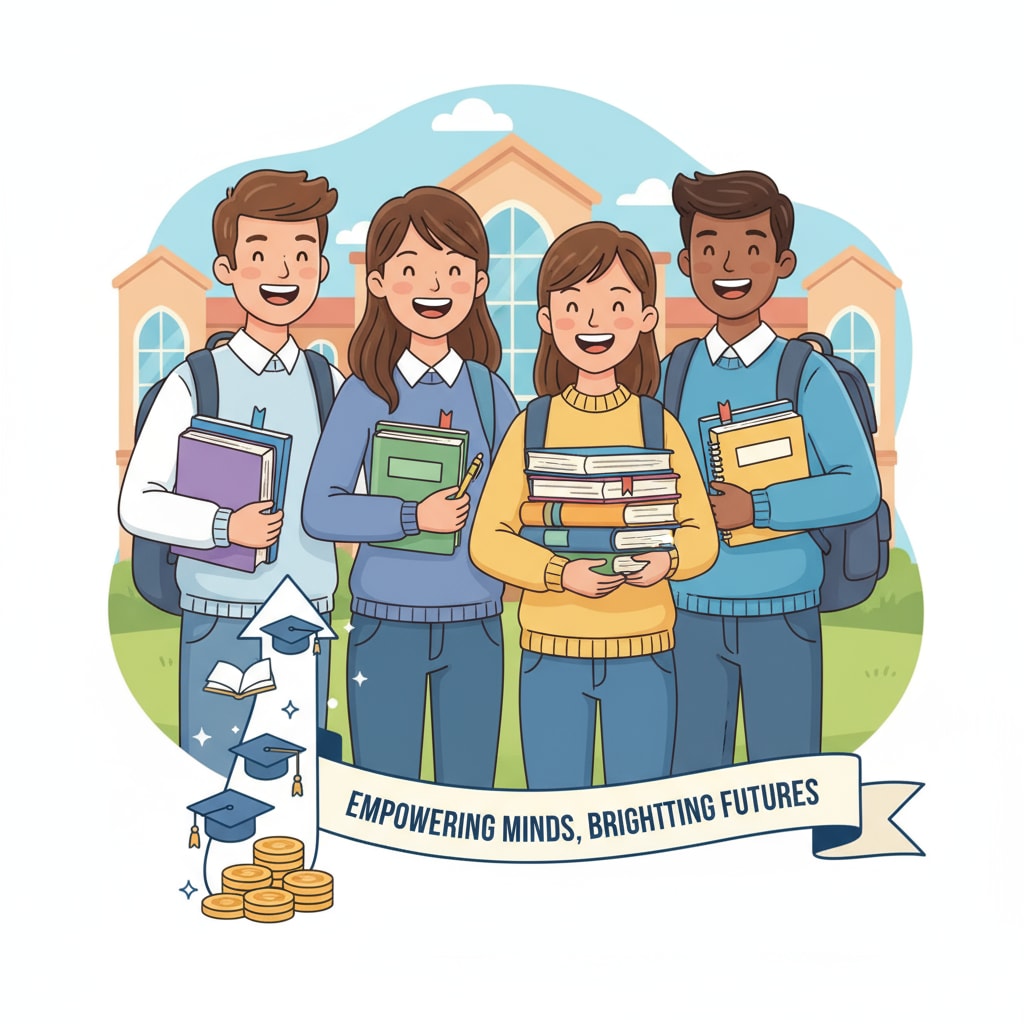 Students with books, representing hope for those with economic hardship, tuition fees challenges, and the role of donations.