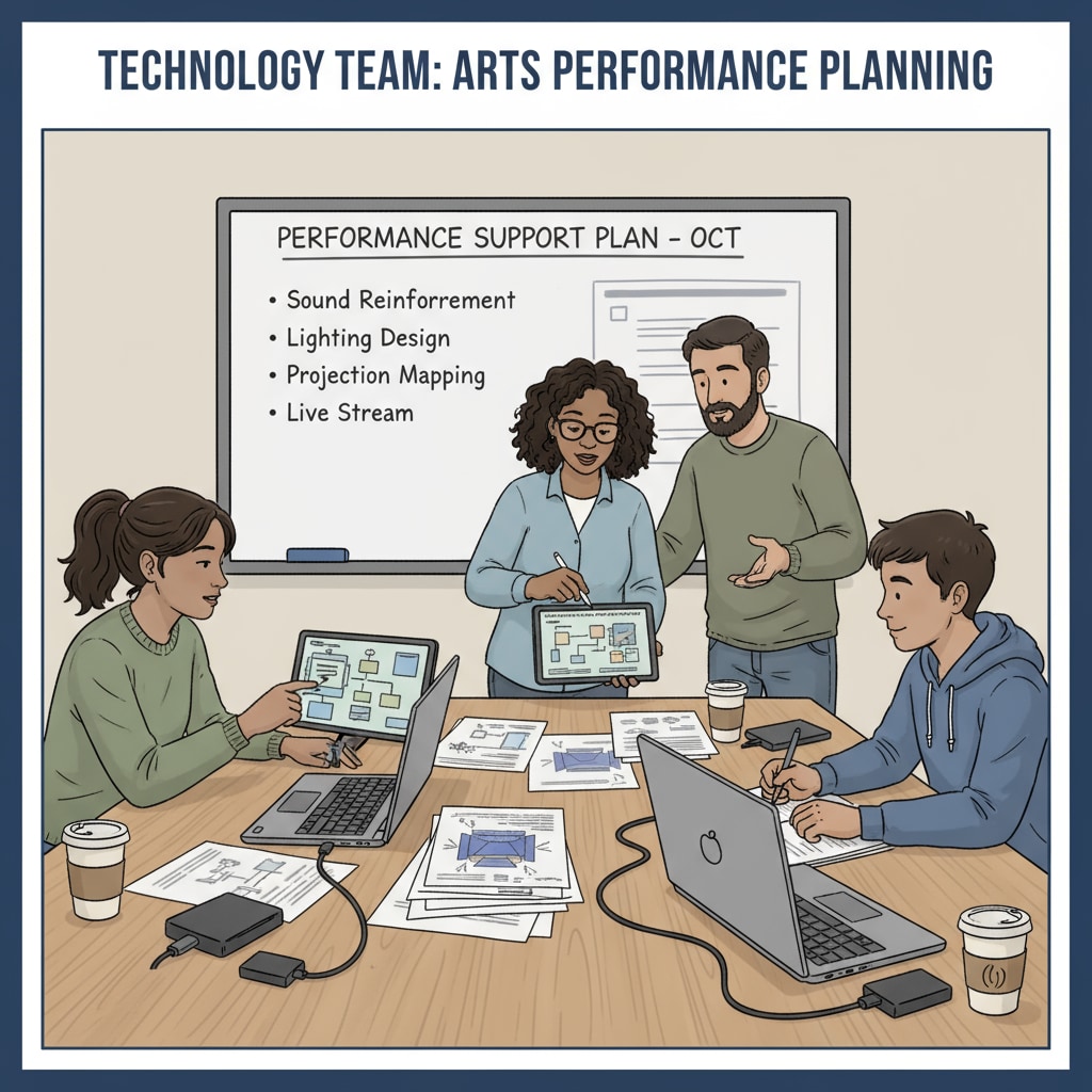 School technology team members discussing art performance support plans