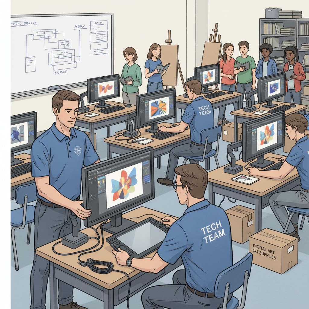 School technology team members installing digital art equipment