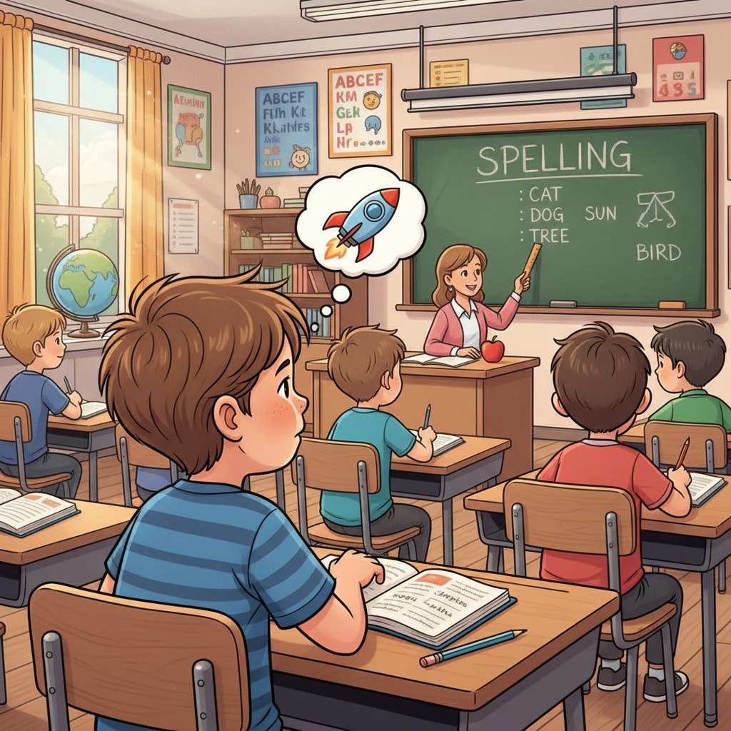 ADHD child distracted during spelling lesson in a classroom