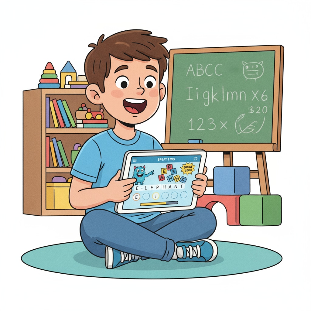 Child using an interactive spelling app for ADHD learning
