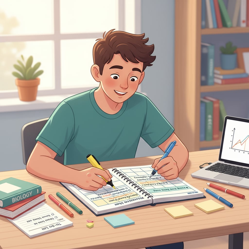 Student using a planner for baccalauréat time management