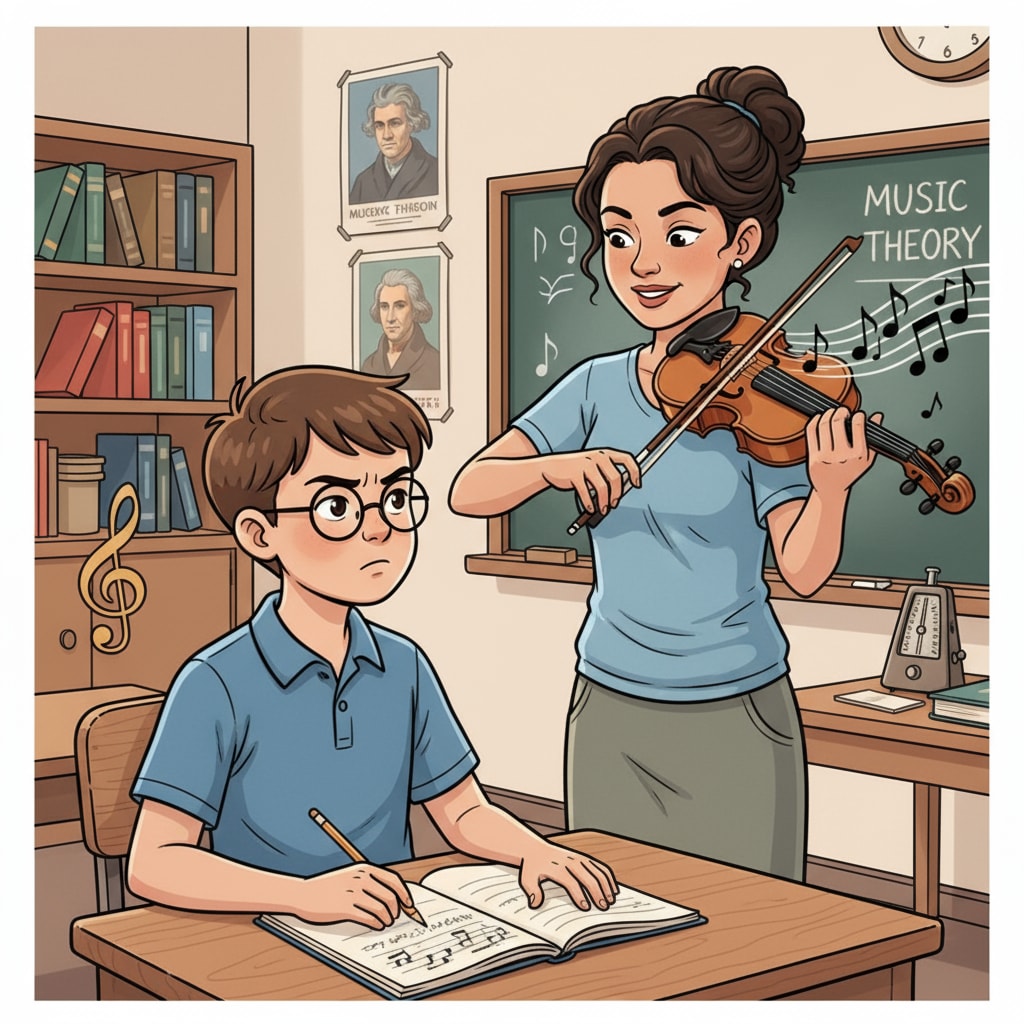 A student listening intently to a violin in a music classroom to understand its unique sound