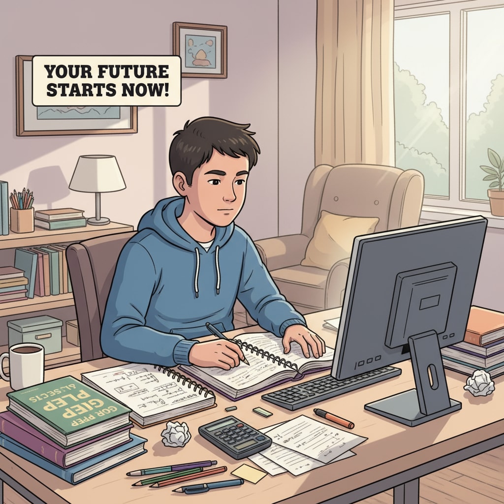Student studying for GED exam related to high school diploma and education choices