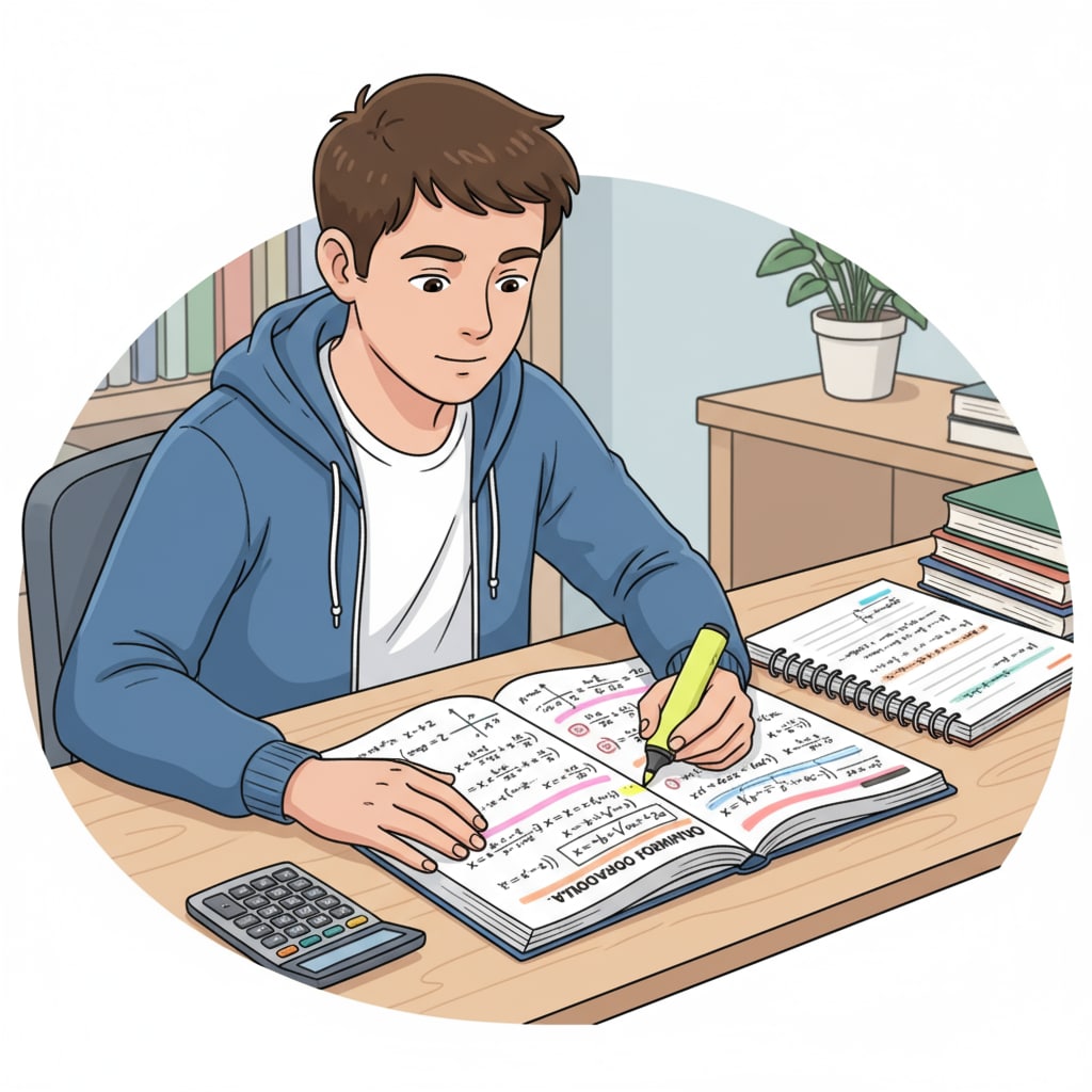 Student studying an algebra workbook for high school basic knowledge