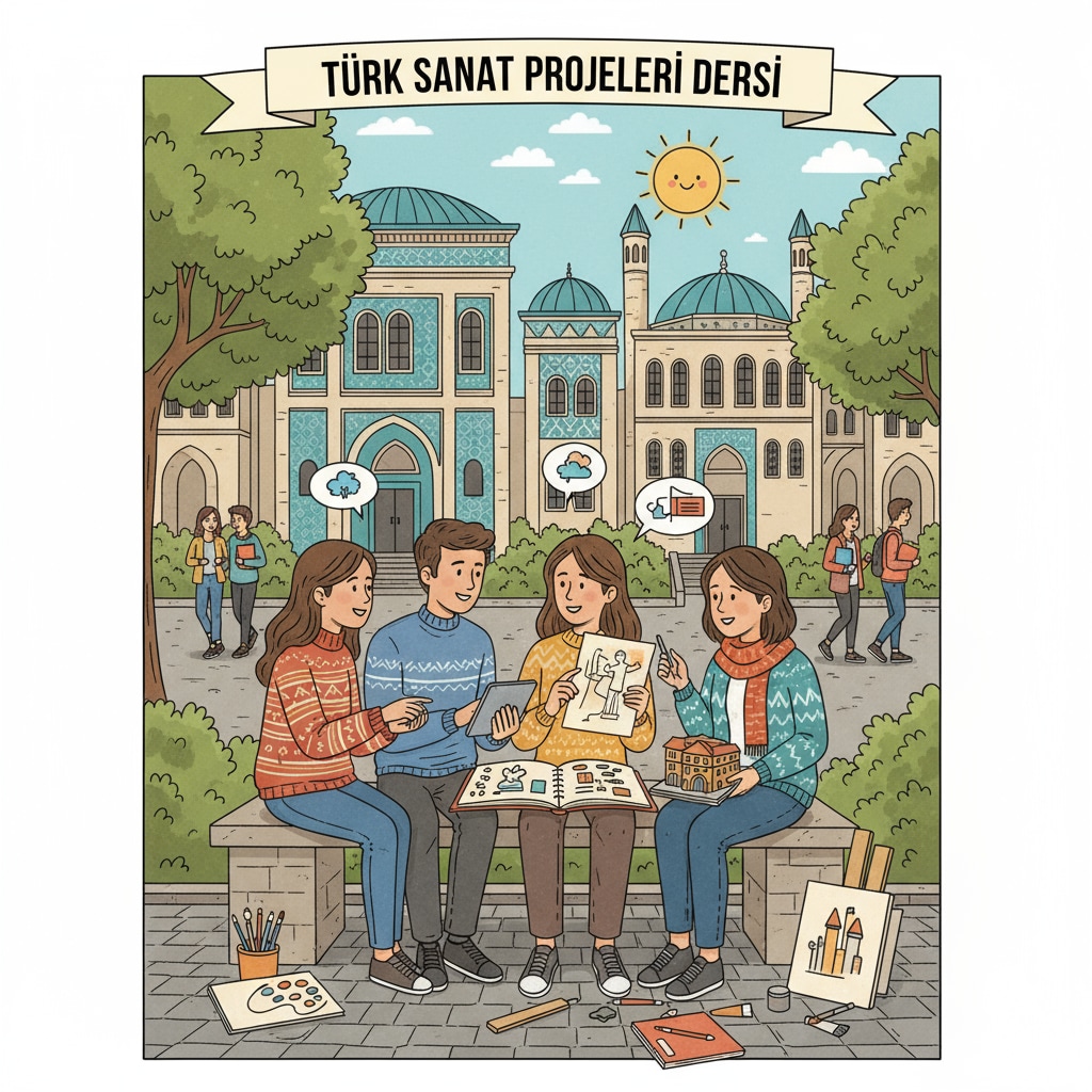 A campus scene of a Turkish university with students discussing art projects Campus scene of a Turkish university related to art design study for Indian artists