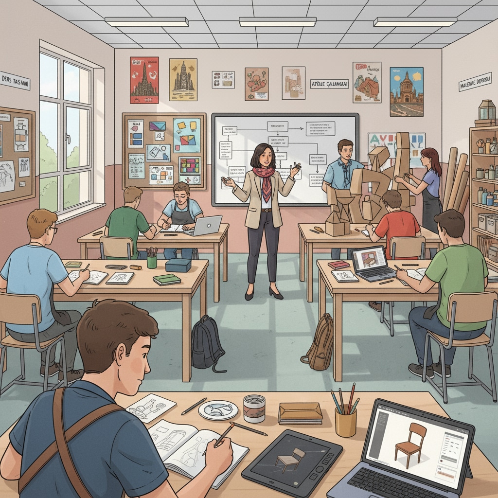 A classroom scene in a Turkish art design program with students working on design projects Classroom scene in a Turkish art design program for Indian artists