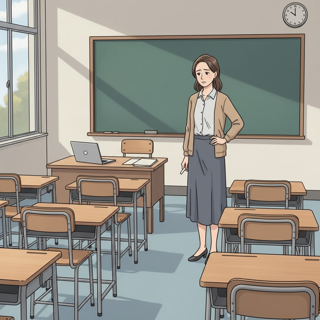A teacher showing signs of career frustration in an empty classroom related to teaching enthusiasm and promotion setbacks