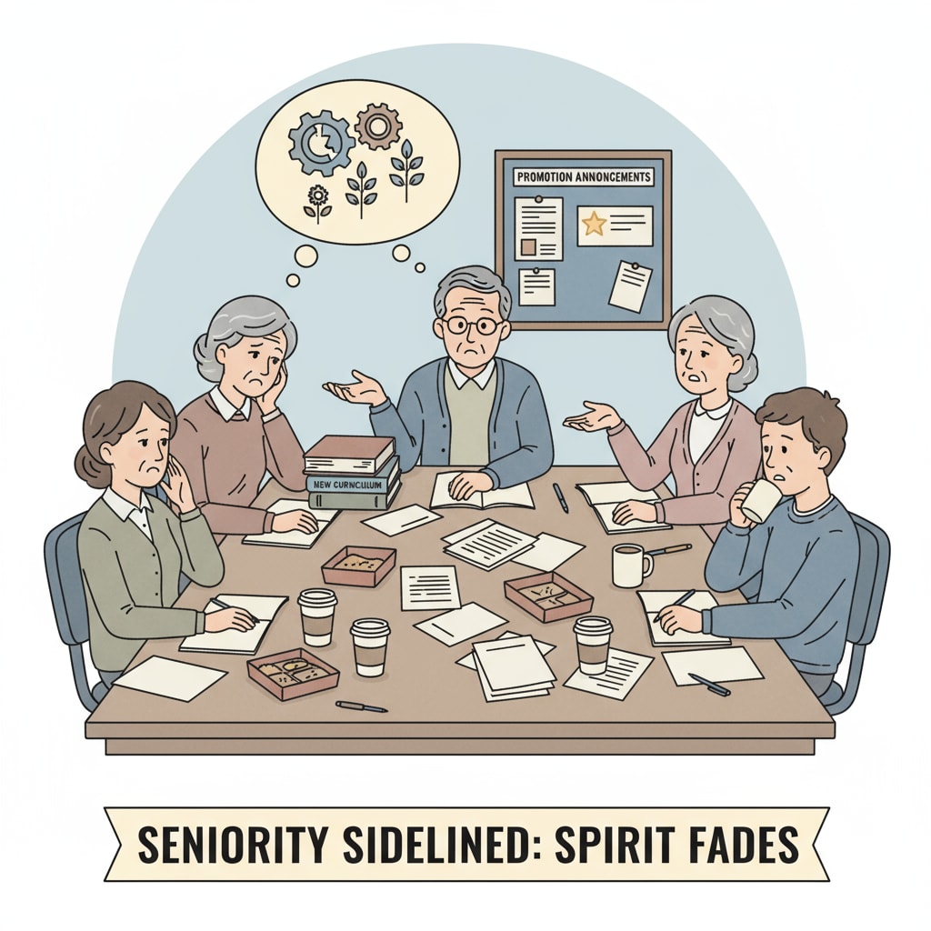 Teachers in a staff room looking frustrated due to issues of promotion and career setbacks