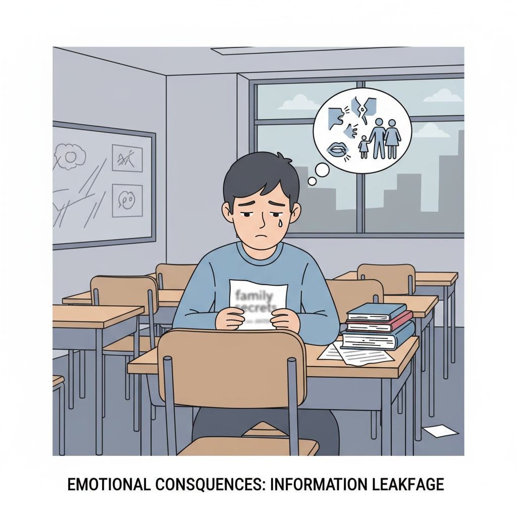 Sad student affected by school privacy breach regarding family details and maternal abandonment.