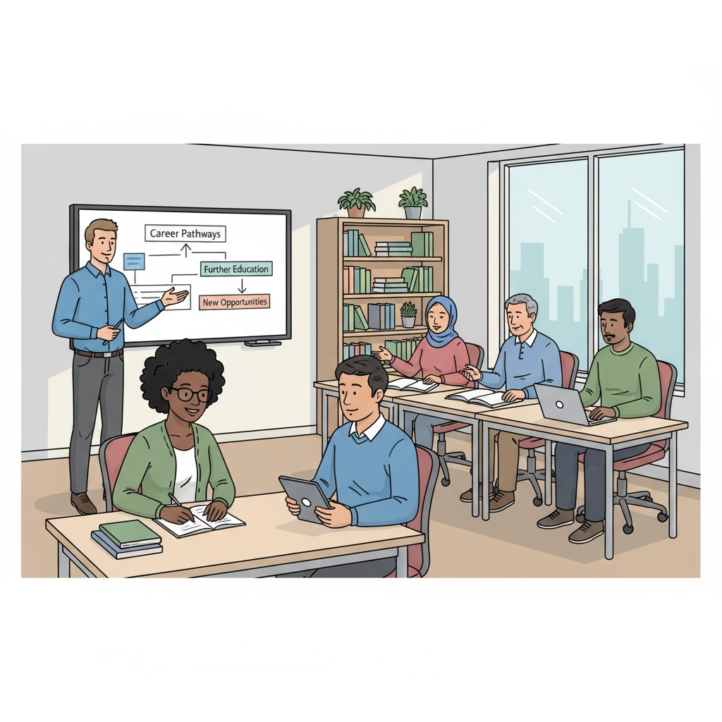 Adults studying in a classroom for free high school education as part of adult education