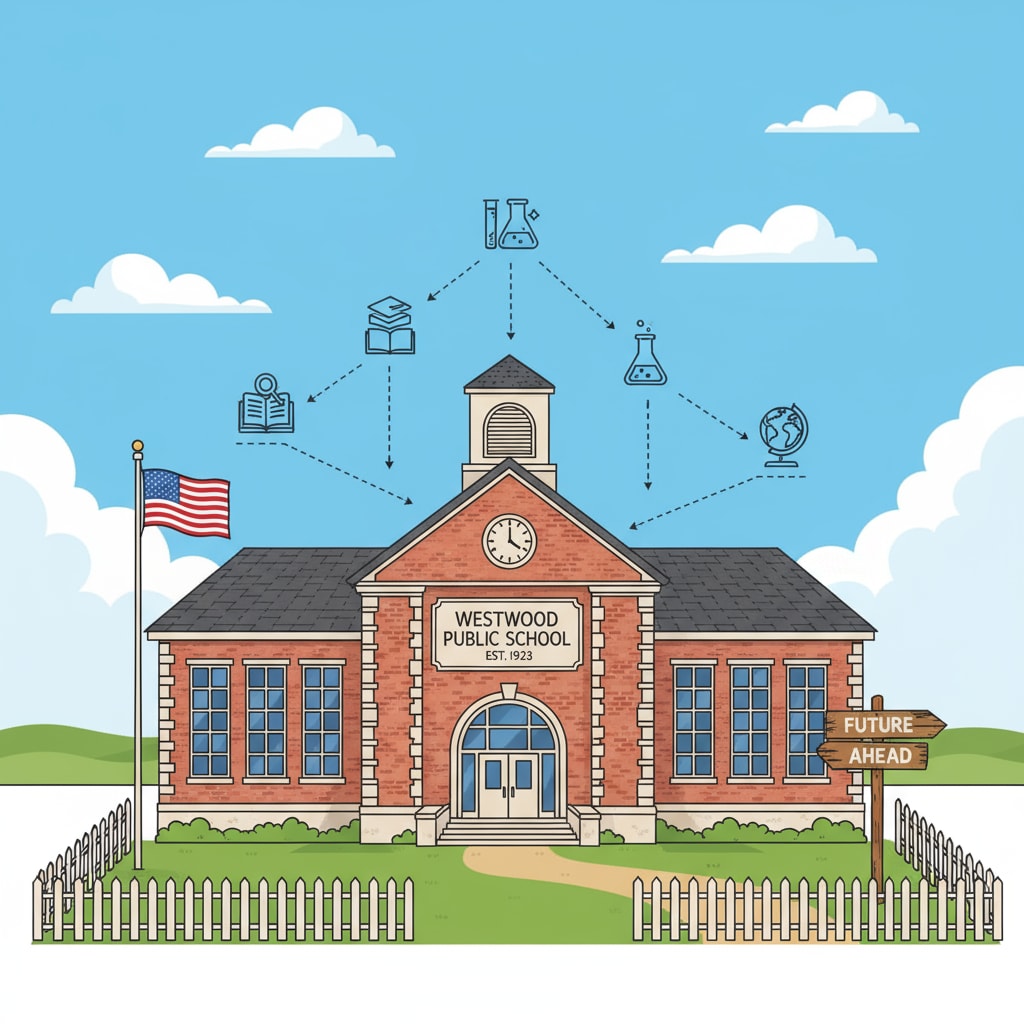 A small town public school isolated from the community, highlighting the public schools, community separation, and its relation to youth programs.
