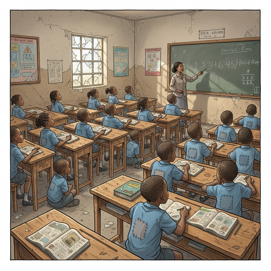 A South African public school classroom with resource gaps, showing the impact on education inequality and the requirement for education reform