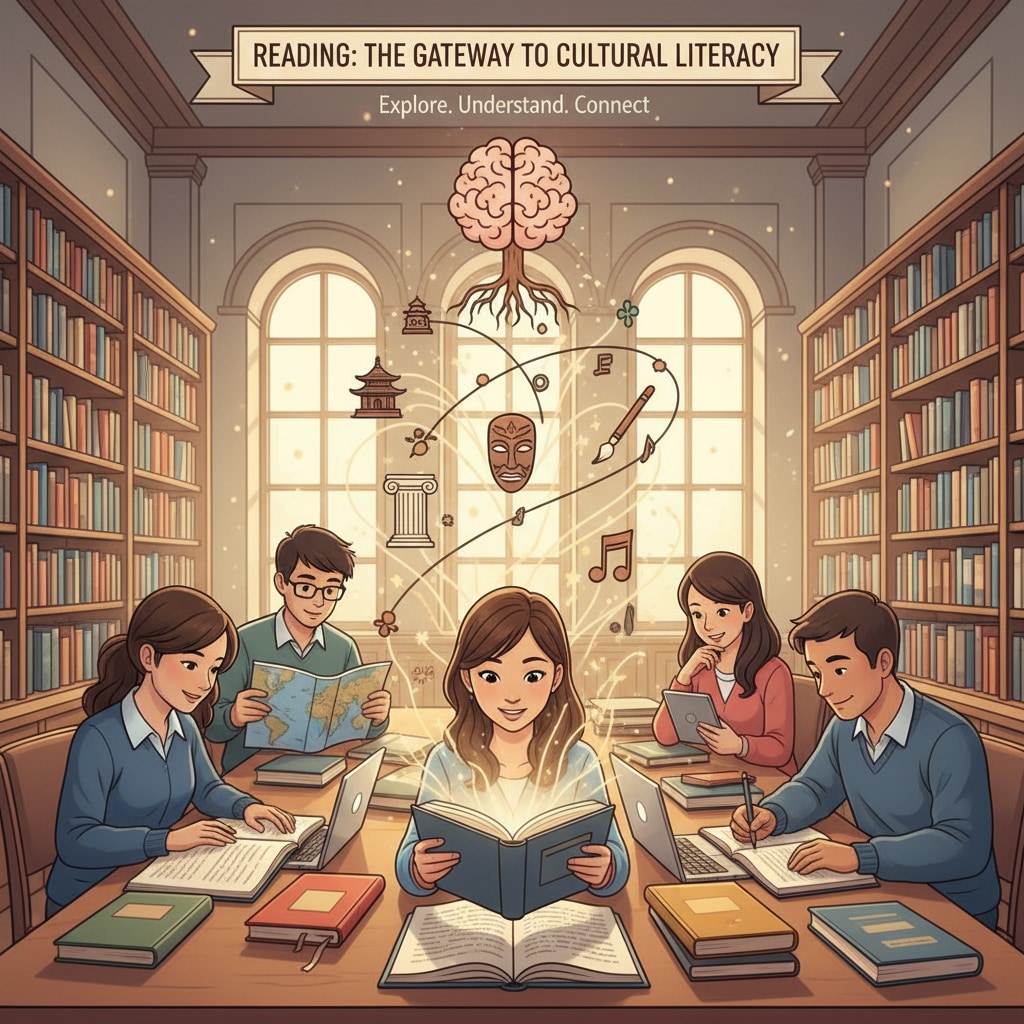 Students reading books in a library related to cultural literacy, democracy, and reading ability