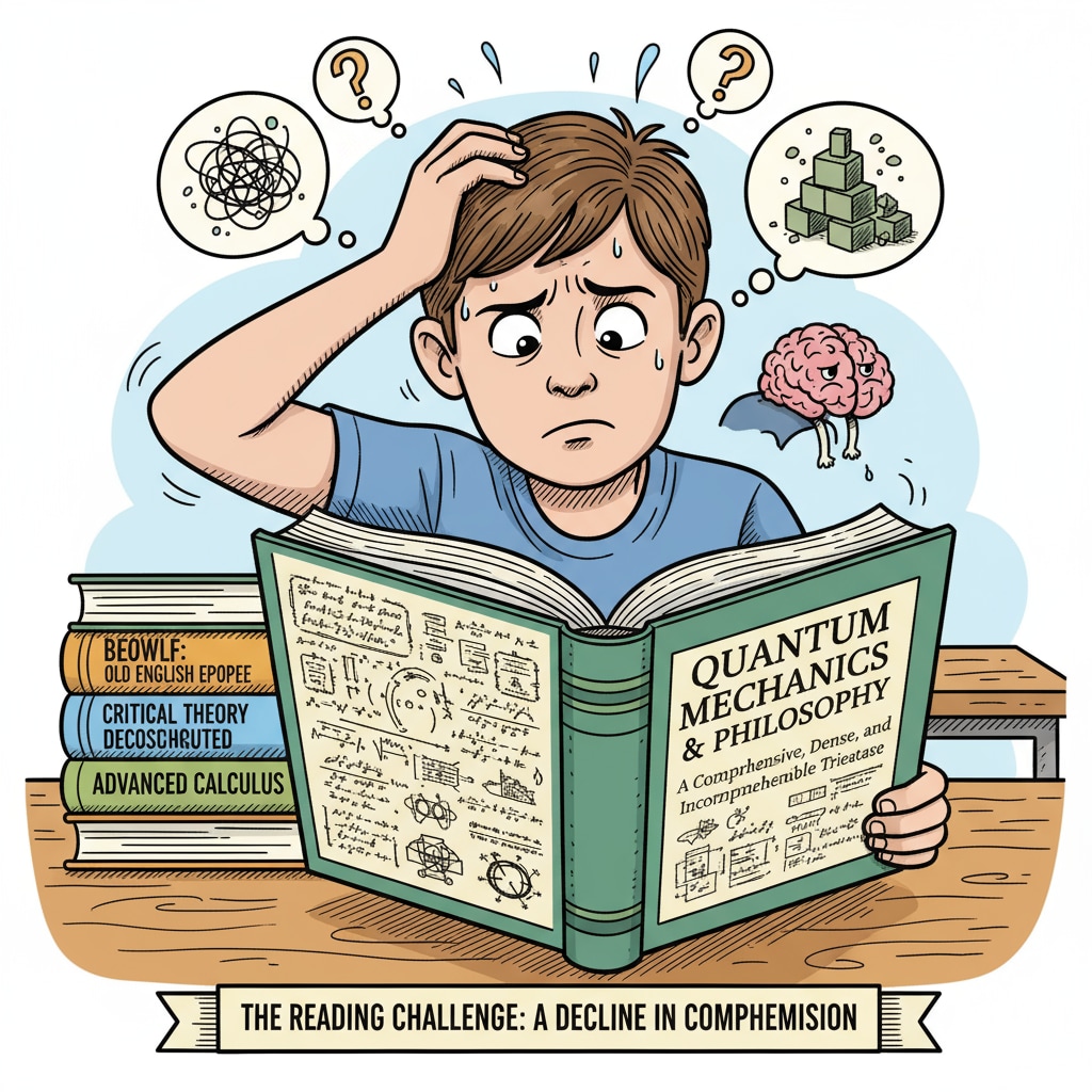 A confused student reading a difficult book showing the decline in cultural literacy, democracy, and reading ability