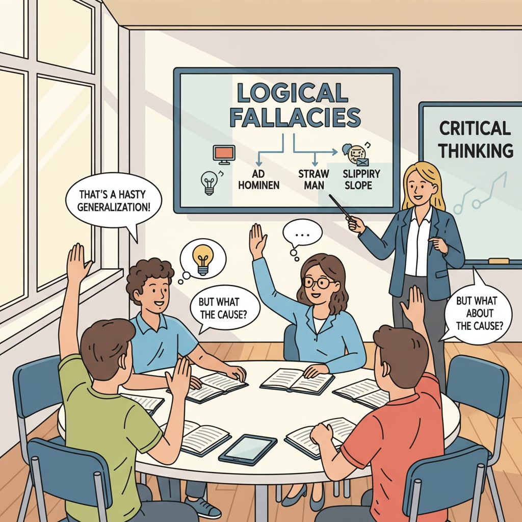 A classroom scene where students are actively discussing logical fallacies, with some raising their hands to share their thoughts. Students engaged in a classroom discussion about logical fallacies for critical thinking and propaganda recognition