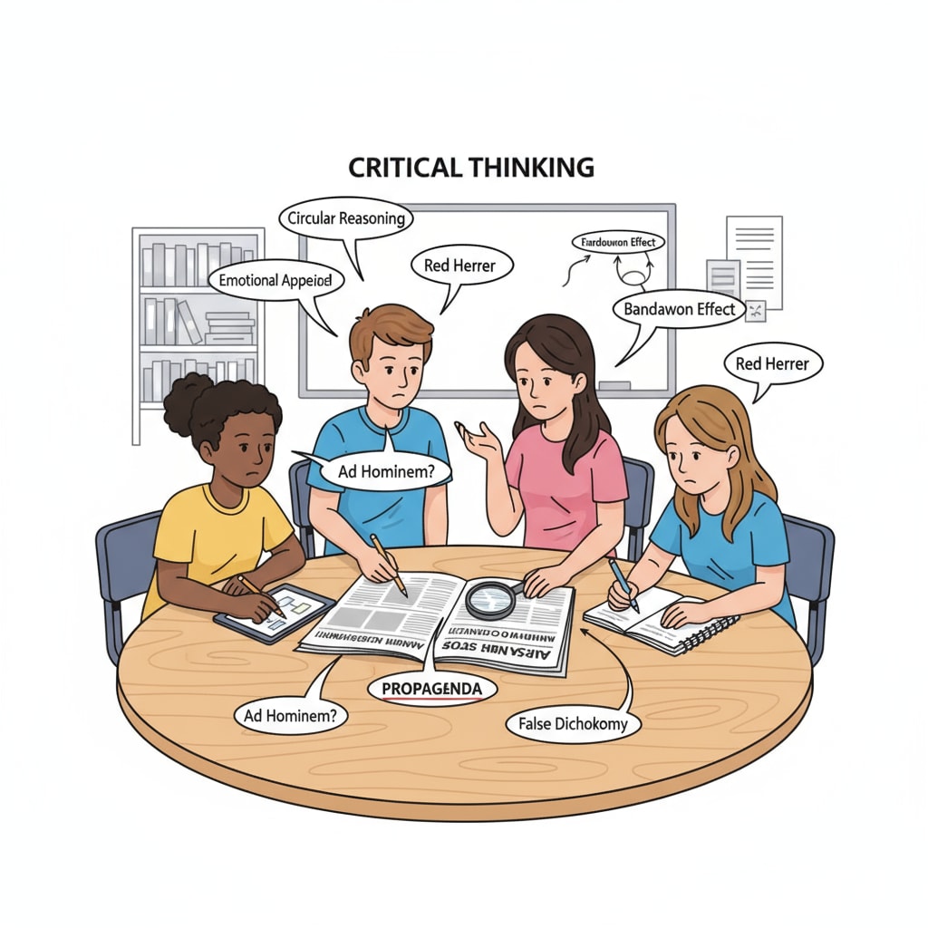 A group of students gathered around a table, analyzing a news article together to find logical fallacies and understand propaganda techniques. A group of students analyzing a news article for logical fallacies and propaganda recognition