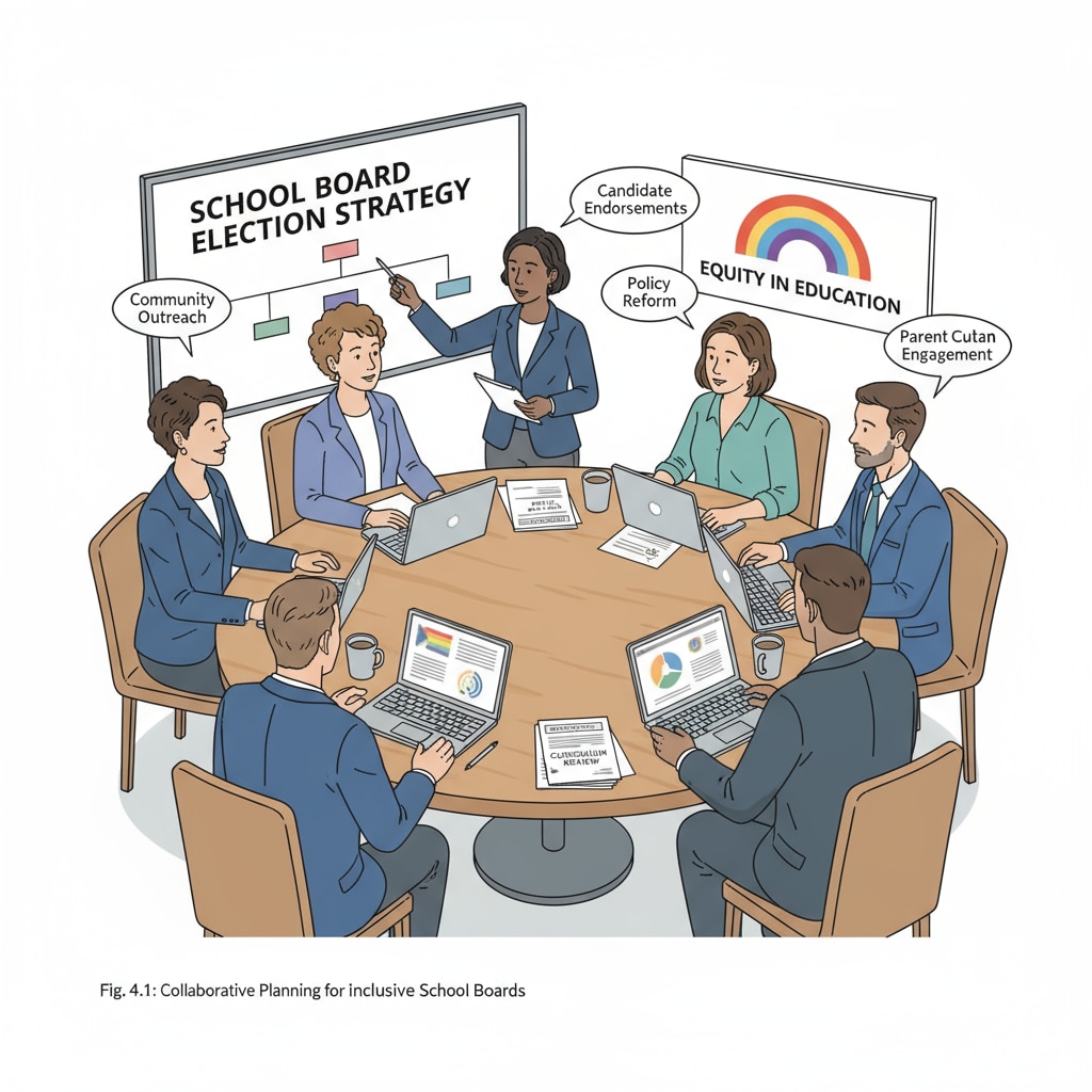 A group of LGBTQ+ activists sitting around a table, discussing strategies for school board elections. LGBTQ+ activists planning for school board elections to counter far-right groups