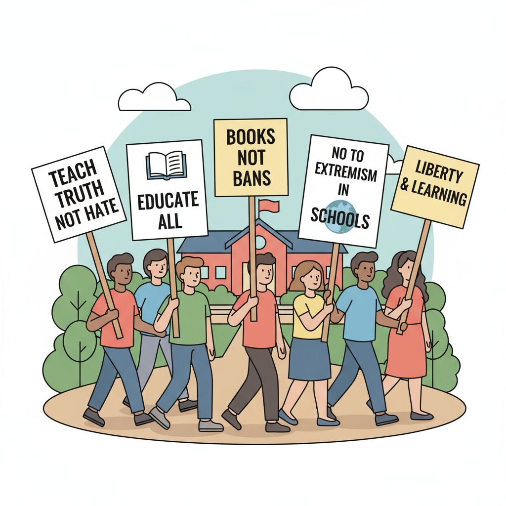 A collection of protest signs held by people, with messages against far-right education policies. Protest signs against far-right attempts to censor educational content