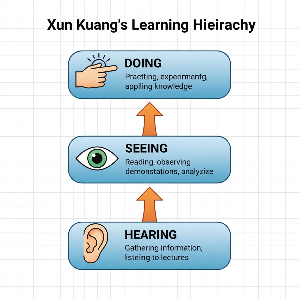 A visual representation of Xun Kuang's learning hierarchy, showing the three levels of hearing, seeing, and doing, with arrows indicating the progression from the basic to the highest level. Xun Kuang's learning hierarchy theory related to learning theories, experiential learning, and the Cone of Experience.