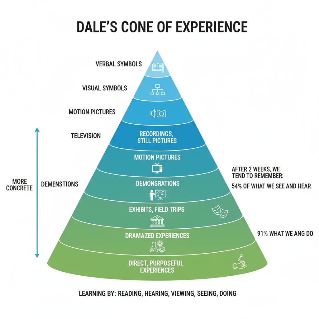A diagram of Dale's Cone of Experience, with different levels clearly labeled, from the most abstract at the top to the most concrete at the bottom, highlighting the various learning experiences. Dale's Cone of Experience as part of learning theories and its connection to experiential learning and Xun Kuang's ideas.