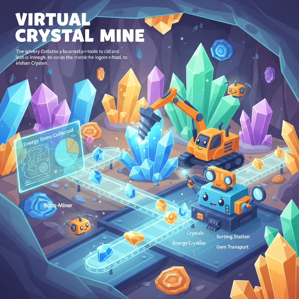 A virtual mining scene where players can see colorful crystals and mining equipment. The scene is designed to be visually appealing and engaging for K12 students. A virtual mining environment for the math education game prototype