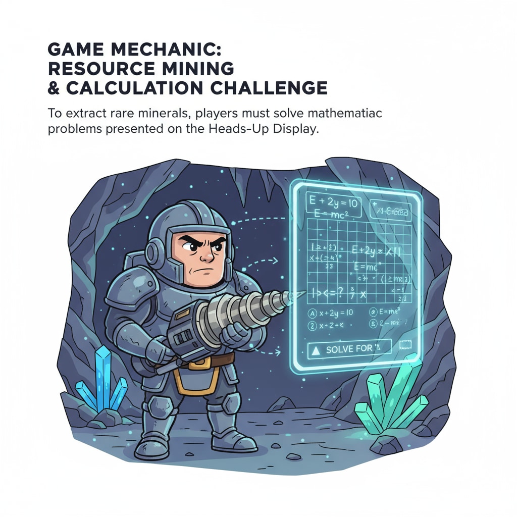 A game character is shown looking at a virtual display with numbers and equations while holding a mining tool. This represents the moment when players need to solve math problems during the mining process. A game character solving math problems during crystal mining in the math education game