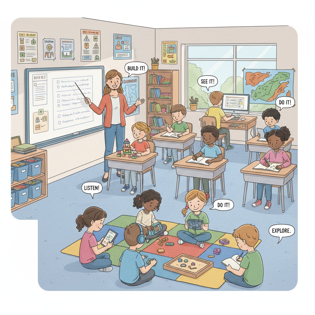 A group of students with diverse learning styles sitting in a classroom, looking engaged. The teacher is standing at the front, smiling. Students with different learning styles in a classroom related to PBS educational series