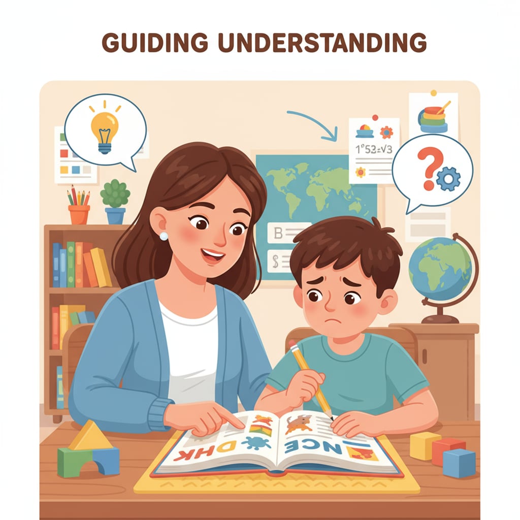 A teacher working one-on-one with a student who is showing signs of learning difficulty. The teacher is patiently guiding the student. Teacher assisting a student with learning difficulties from PBS educational series