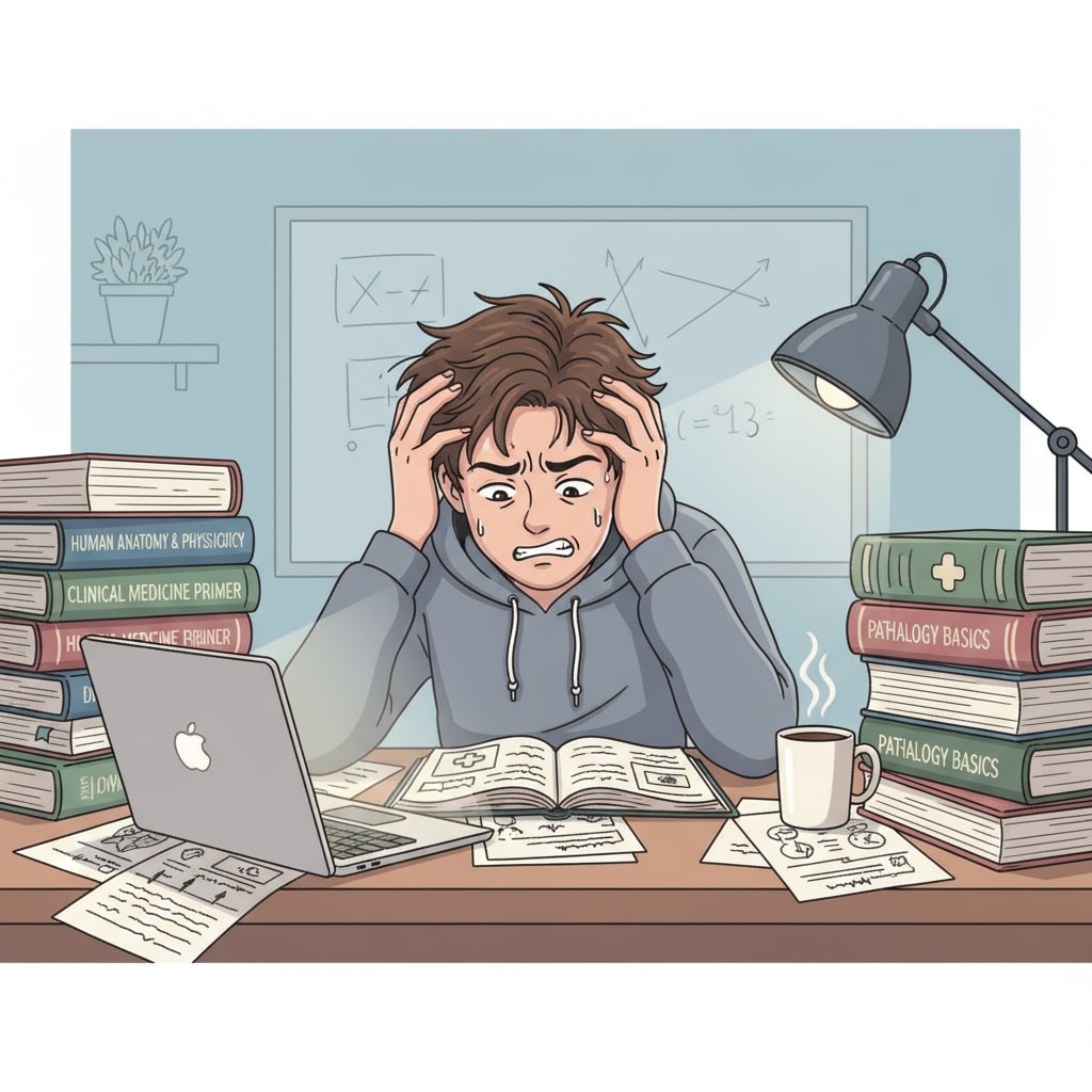 A high school student sitting at a desk, looking stressed while studying medical textbooks High school student experiencing learning anxiety while studying for medical school applications