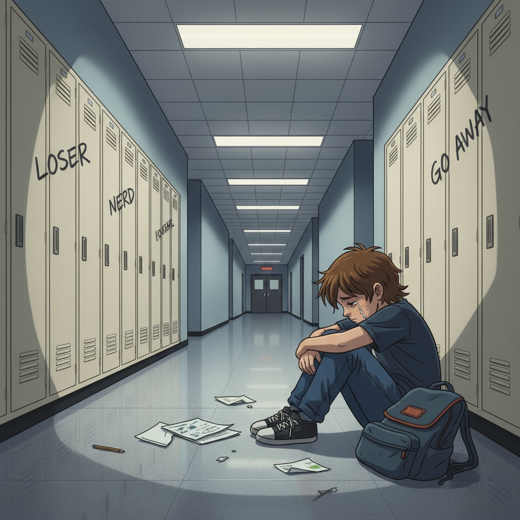 A child experiencing school trauma in a school corridor