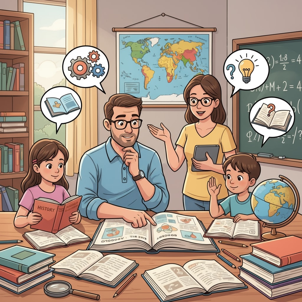A family engaged in academic discussions while using educational resources. Family using academic resources for education at home