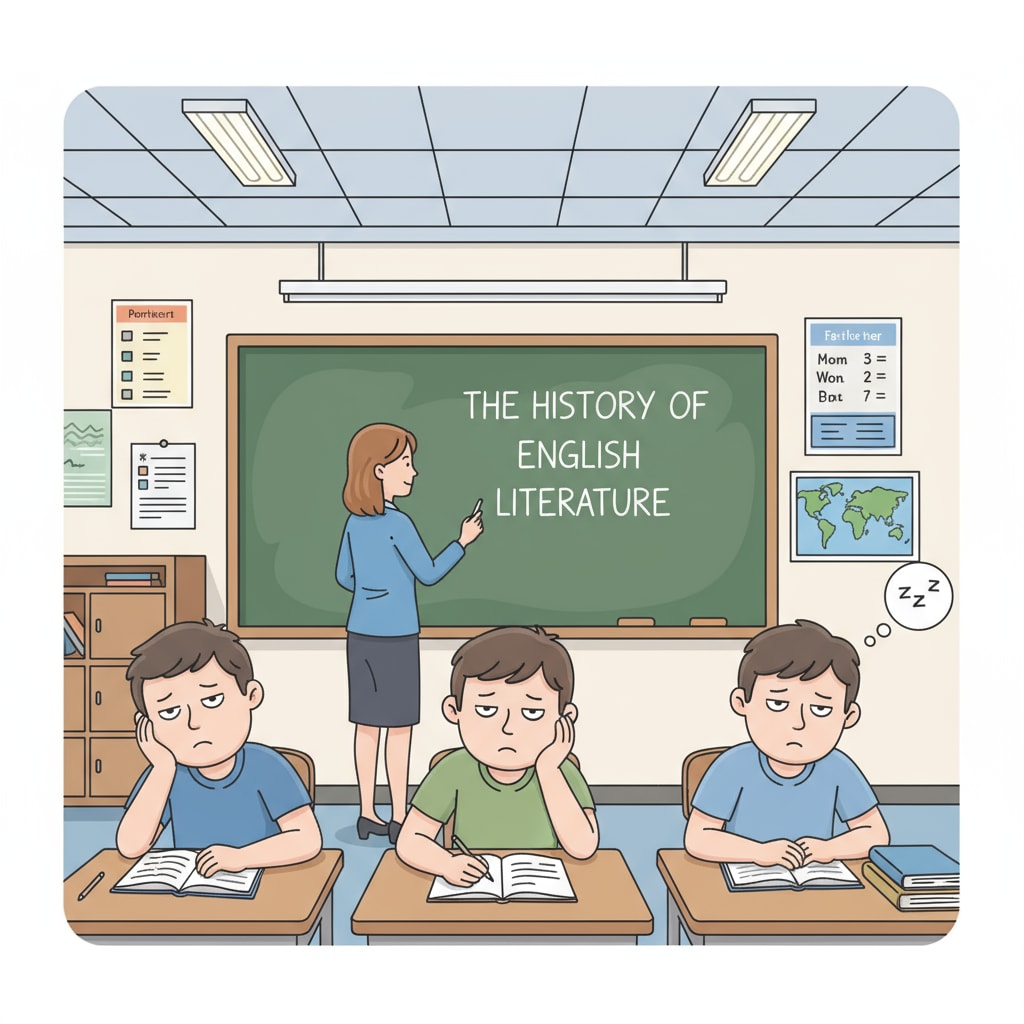 A classroom scene where students look bored during an English class. The teacher is standing in front, writing on the board, while students seem uninterested. Bored students in a 9th grade English class facing teaching experience issues and academic pressure.