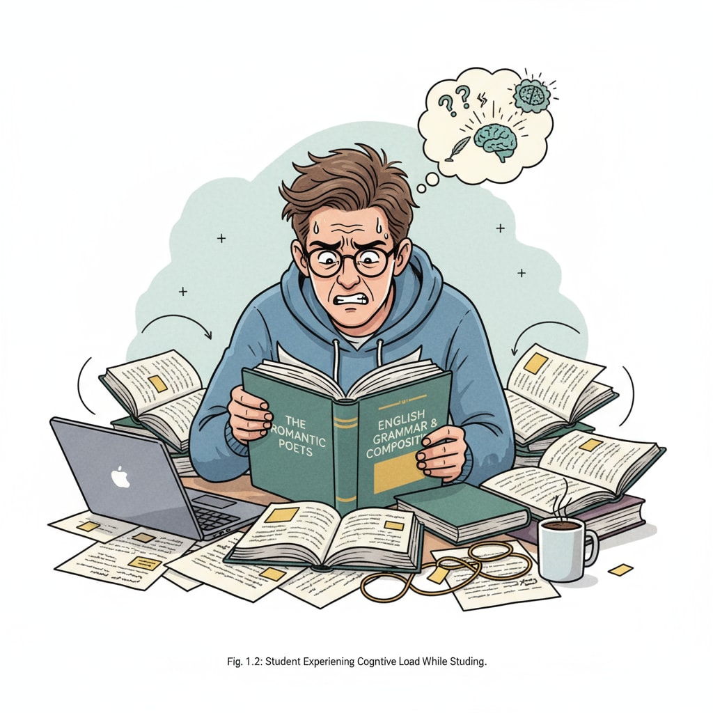 A student looking stressed while studying English textbooks. The student has a furrowed brow and is surrounded by open books and papers. A stressed 9th grade student under academic pressure while studying English.