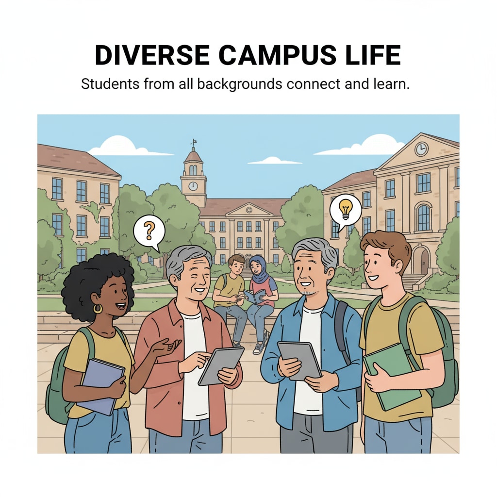 A group of students of different ages chatting on a university campus, showing a diverse student community. Students of different ages interacting on a university campus, highlighting age diversity among late enrollees.