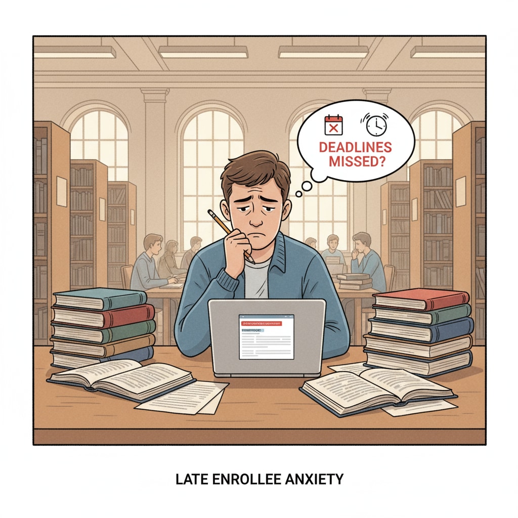 A student sitting alone in a university library looking a bit worried, depicting the feeling of anxiety among late enrollees. A worried late enrollee sitting alone in a university library, representing age anxiety.