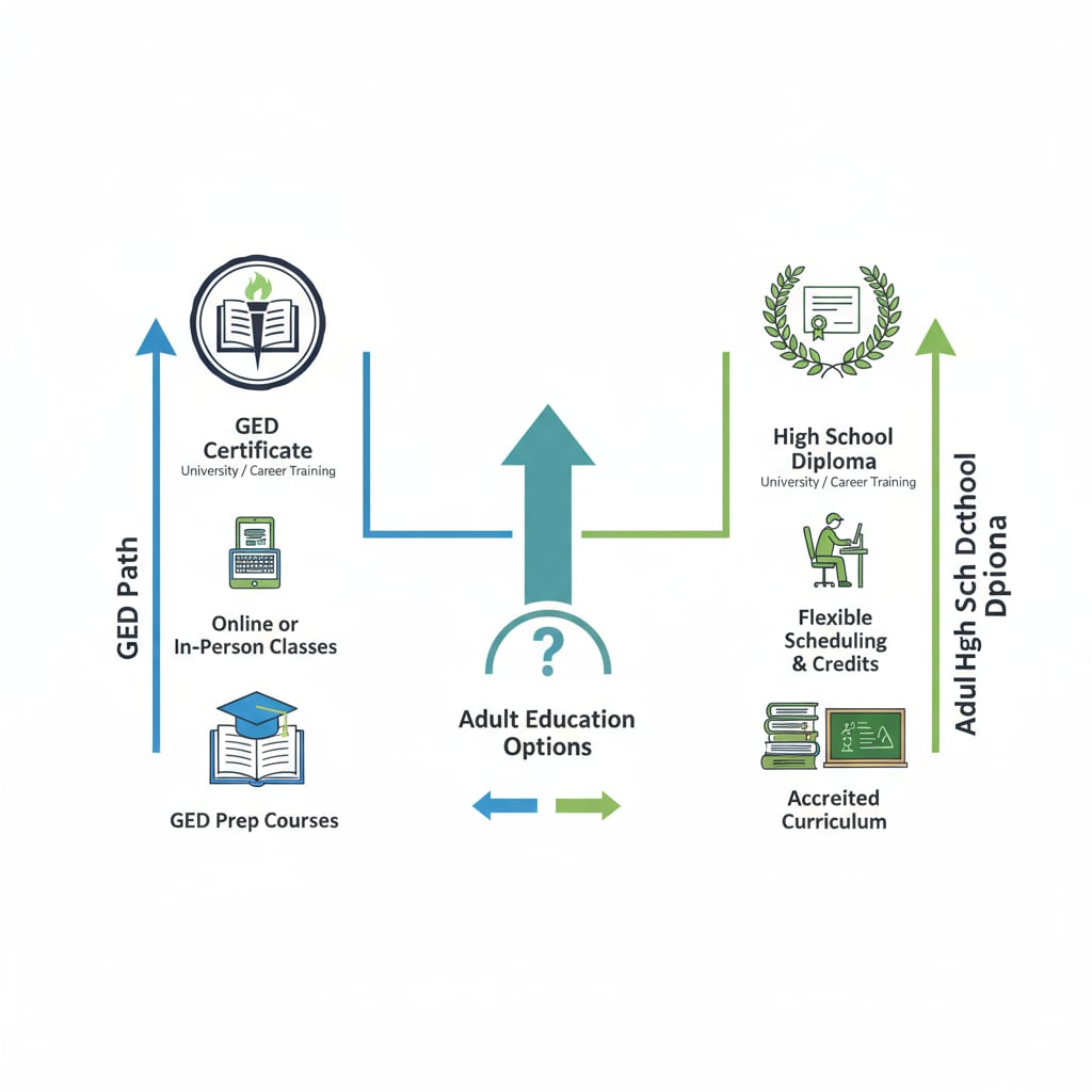 An illustration presenting two distinct educational paths, one for GED and the other for Adult High School Diploma, highlighting the choices available in adult education. Educational paths in adult education - GED and Adult High School Diploma for college applications