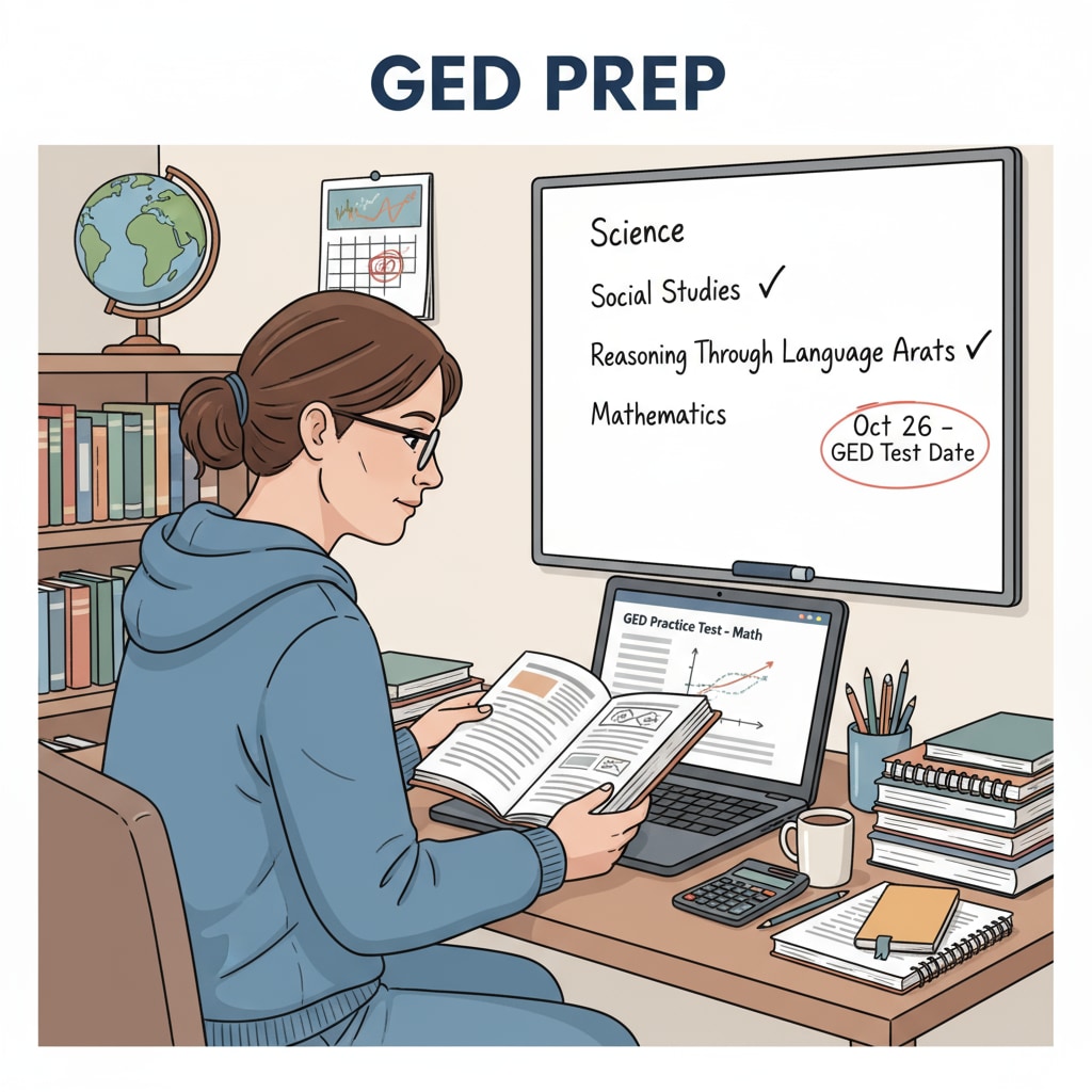 A person sitting at a desk, concentrating on studying materials for the GED test, representing the preparation process of adult learners. Adult learner studying for GED test as part of adult education for college applications