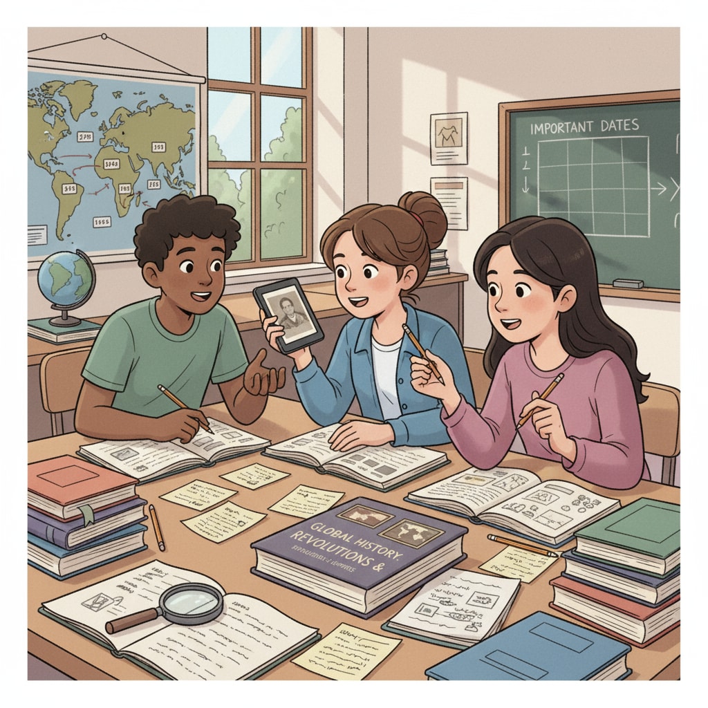 A classroom scene where students are engaged in a discussion about historical events, with books and notes on their desks. Classroom discussion on historical events related to educational standards, historical knowledge, and civic literacy
