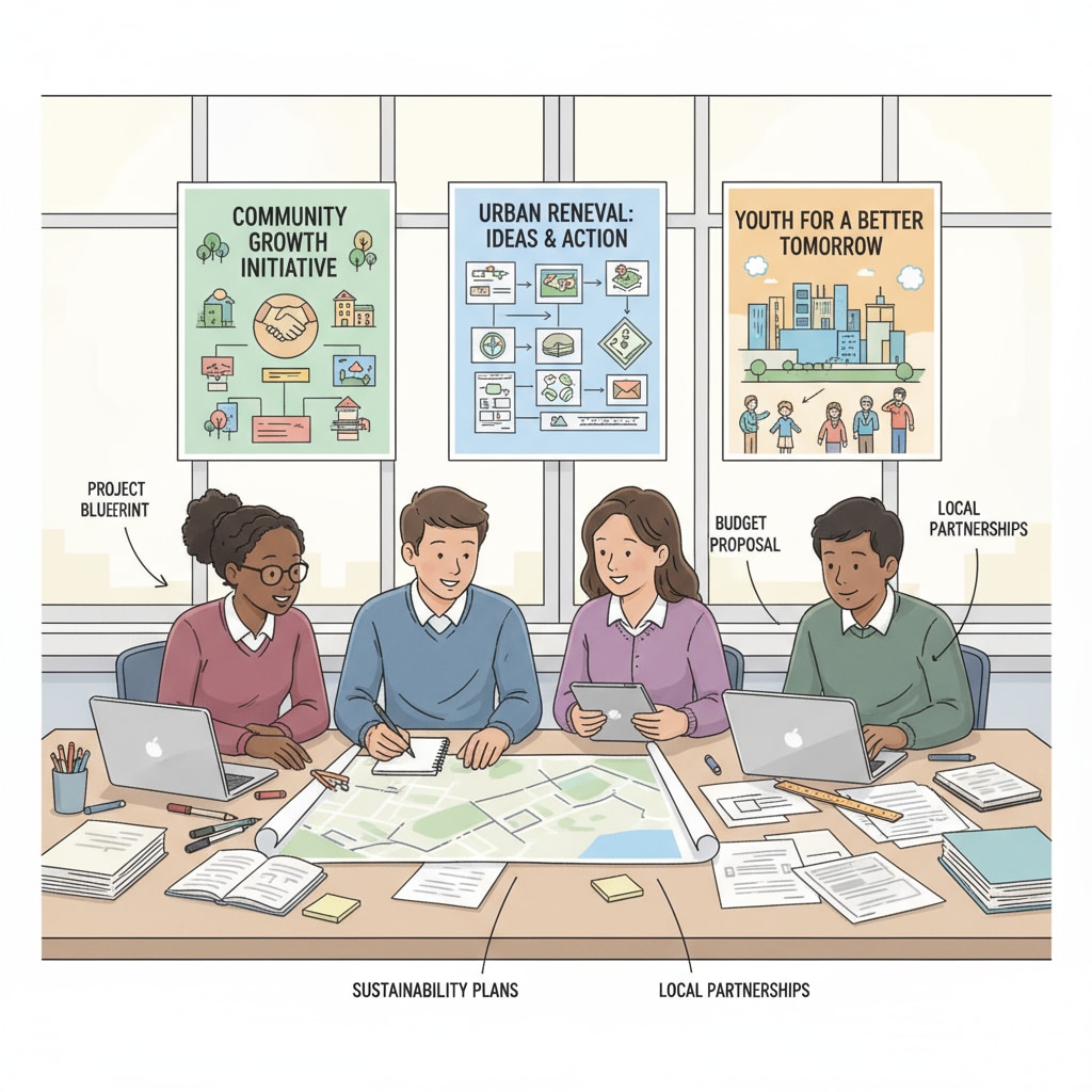 Students are collaborating on a civic project, with posters and materials related to community development. Students working on a civic project demonstrating educational standards, historical knowledge, and civic literacy