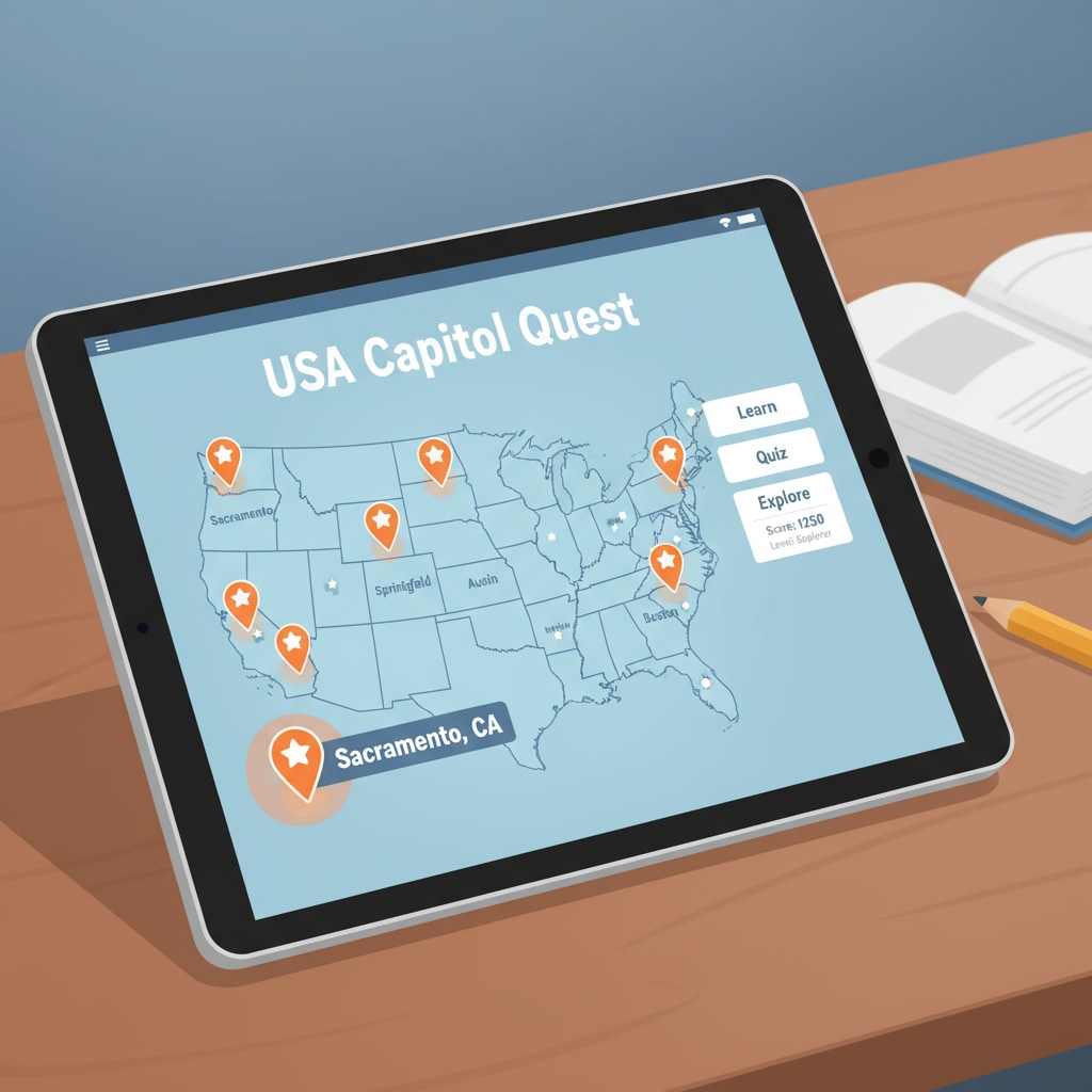 A screenshot of a state capital learning app with a map highlighting state capitals. State capital learning app screenshot for American geography education