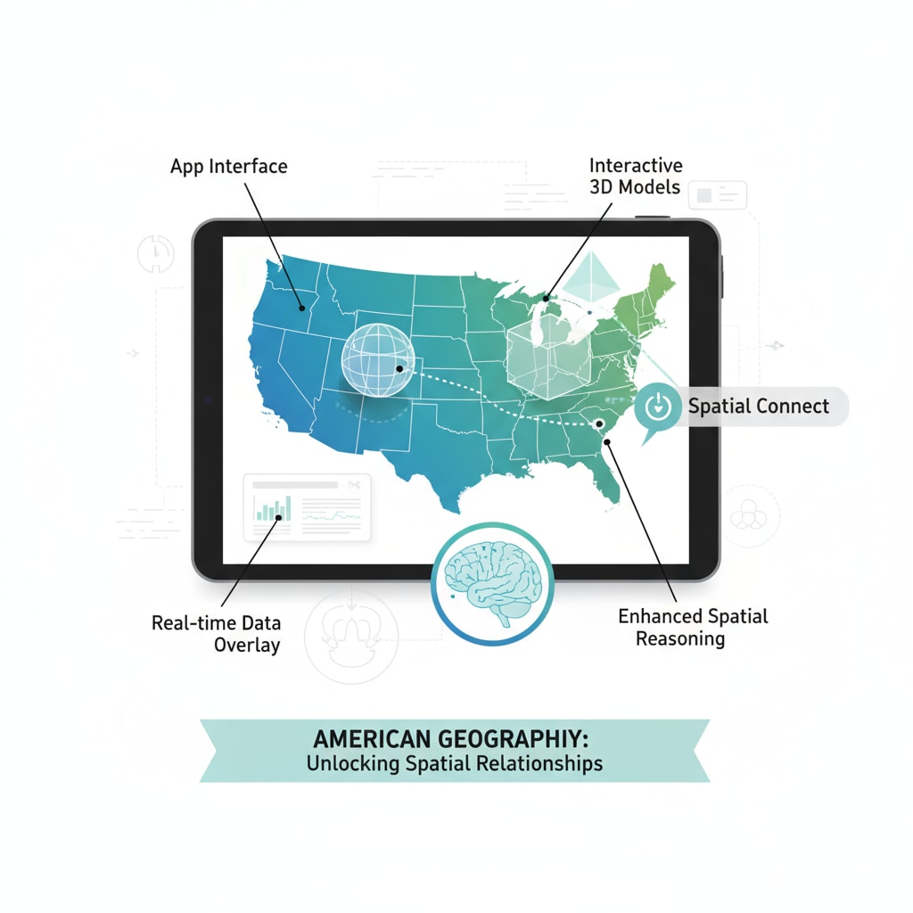 A graphic demonstrating how an app aids in understanding spatial relationships in American geography. Graphic showing spatial relationship understanding in American geography learning