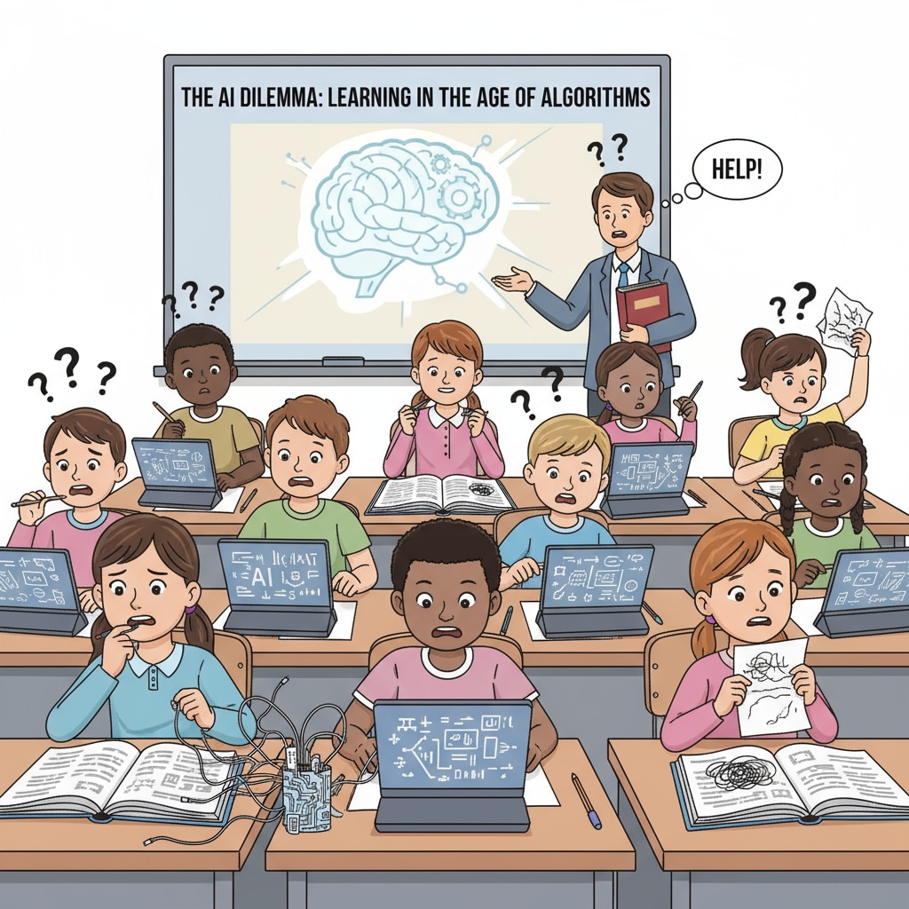 A classroom scene with students showing signs of confusion while writing, representing the impact of AI on education. Students in a classroom grappling with the implications of AI in writing and educational authenticity.