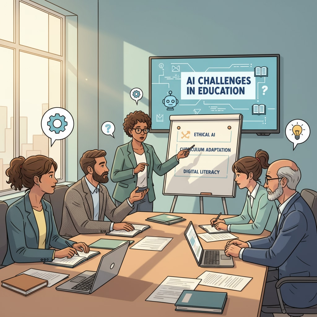 Teachers engaged in a serious discussion in a meeting room, trying to address the AI challenges in education. Teachers discussing ways to maintain educational authenticity and purpose in the face of AI.