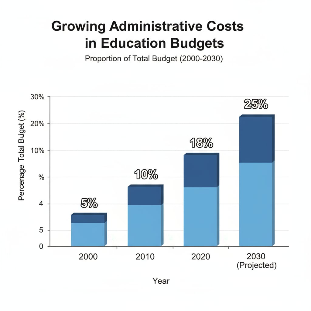 A bar graph showing the increasing proportion of administrative expenses in education budgets over the years. A bar graph depicting the growth of administrative expenses in education budgets.