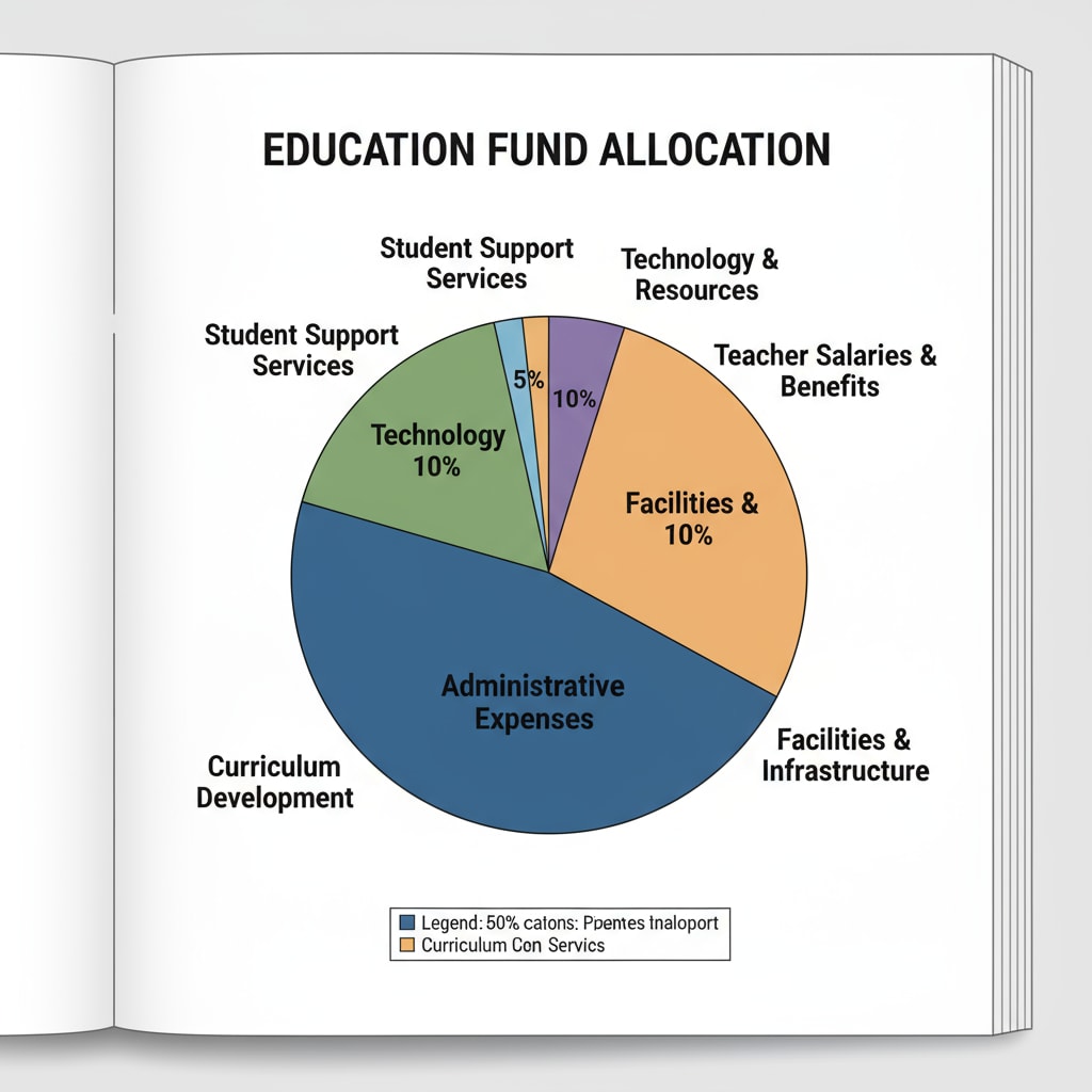 A pie chart depicting the percentage distribution of education funds among different sectors, with a large slice for administrative expenses. A pie chart showing the allocation of education funds, highlighting the large share for administrative expenses.