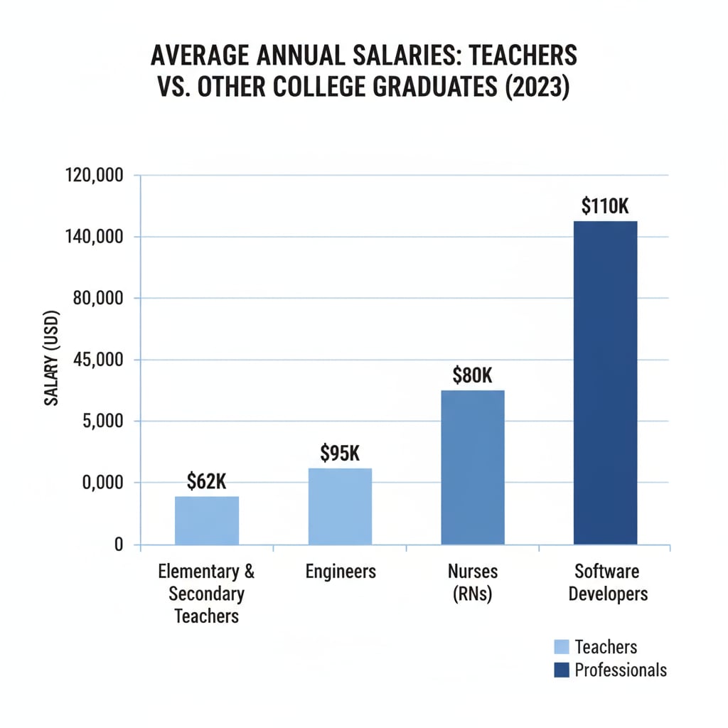 A bar graph presenting the average annual salaries of teachers and other college-graduated professionals in different sectors. Comparison of average salaries of teachers and other college-graduated professionals showing the income gap.